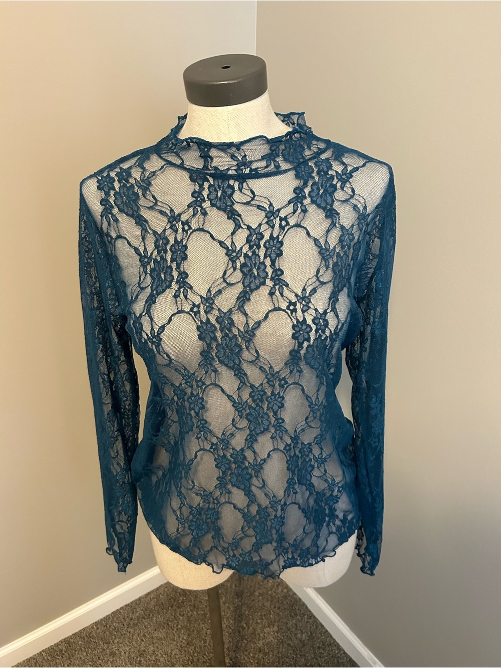 Delicate Teal Lace Long Sleeve Mock Neck Top